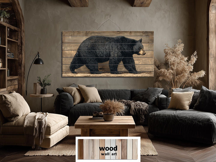 Large horizontal wood wall art featuring a walking black bear on rustic timber planks.