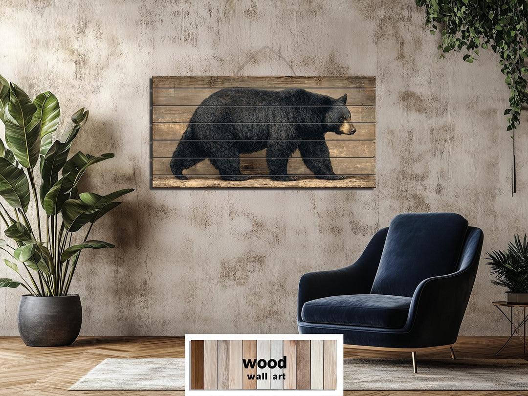 Large horizontal wood wall art featuring a walking black bear on rustic timber planks.