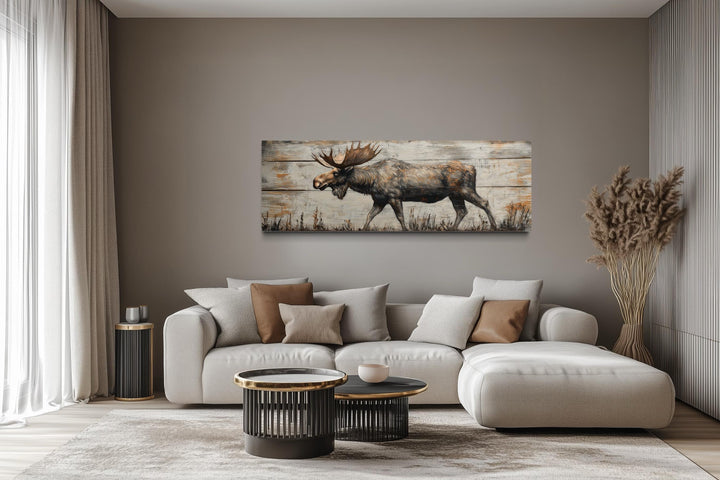 Walking Moose On Wood Painting Long Horizontal Canvas Wall Art