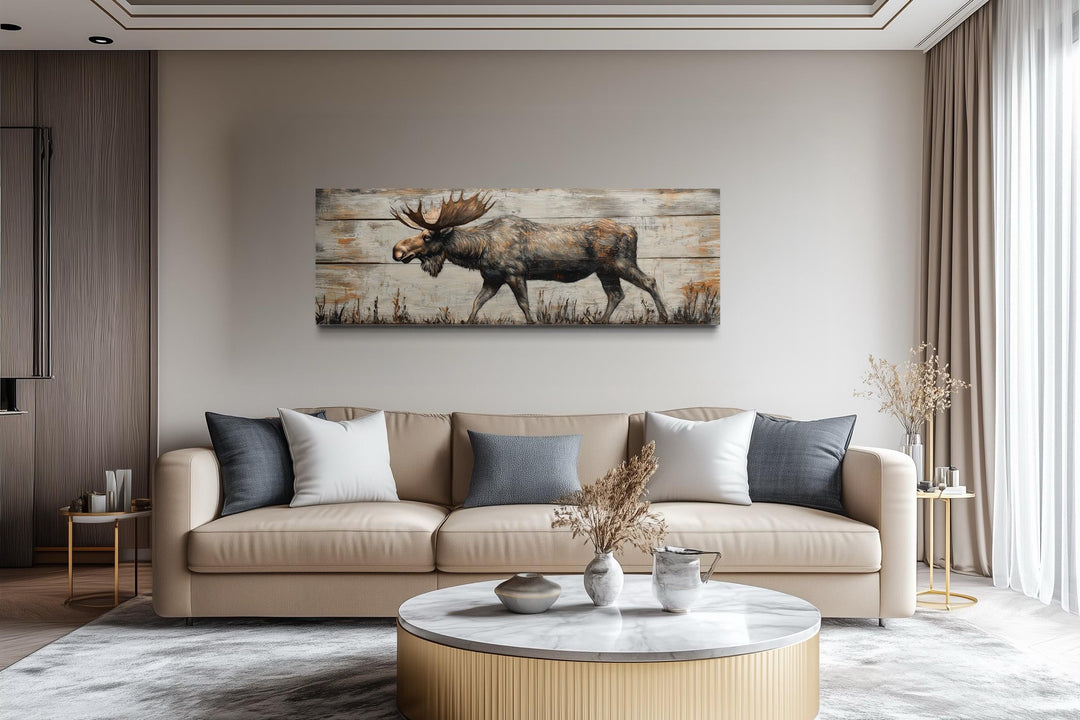 Walking Moose On Wood Painting Long Horizontal Canvas Wall Art