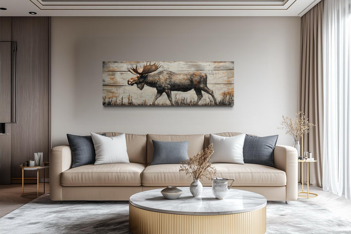 Walking Moose On Wood Painting Long Horizontal Canvas Wall Art