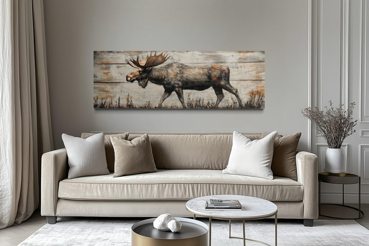 Walking Moose On Wood Painting Long Horizontal Canvas Wall Art