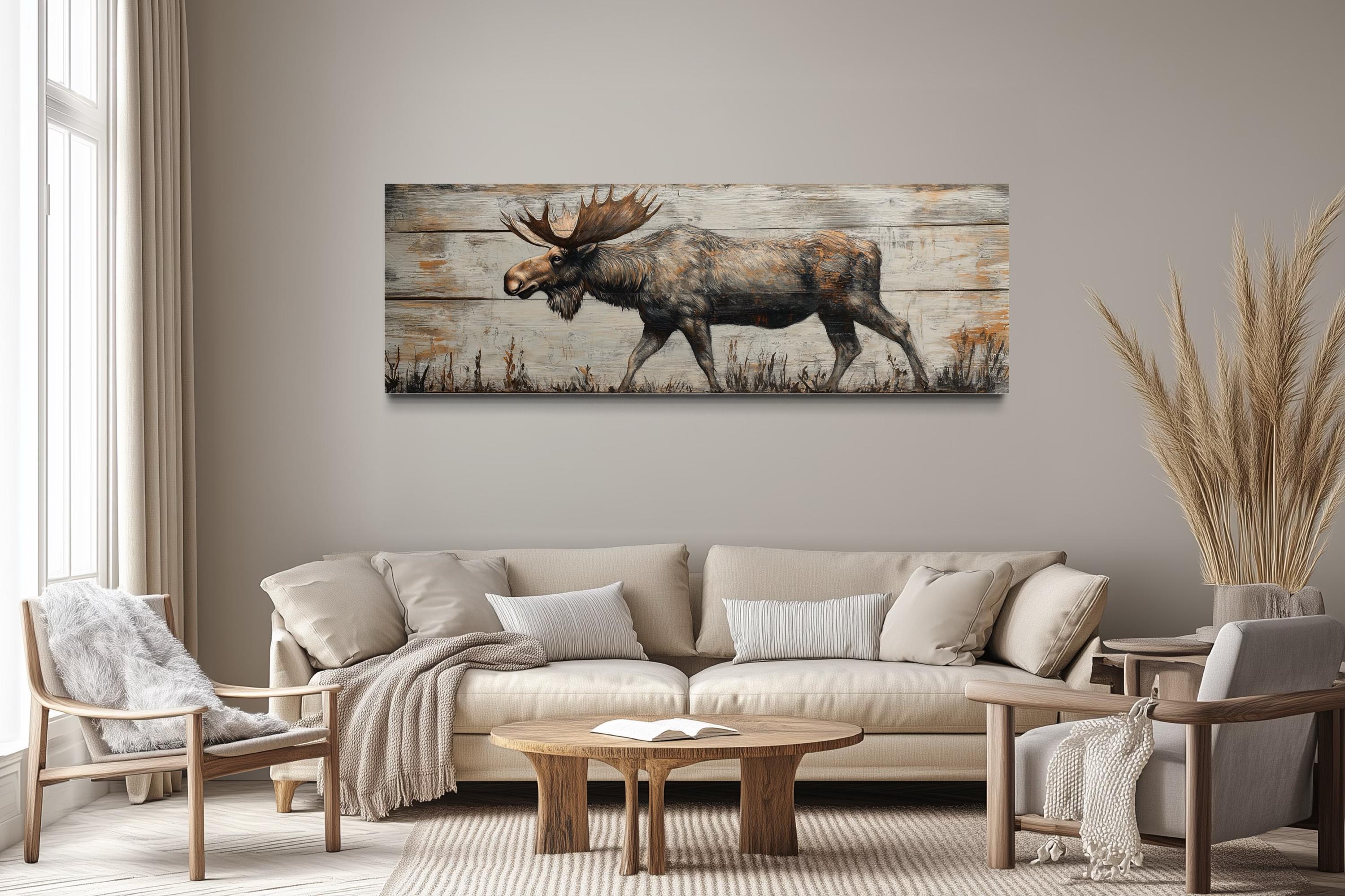 Moose Canvas Wall Art: Walking Moose on Wood Painting – Wall Decor