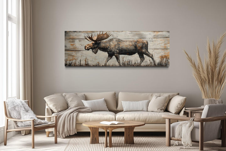 Walking Moose On Wood Painting Long Horizontal Canvas Wall Art