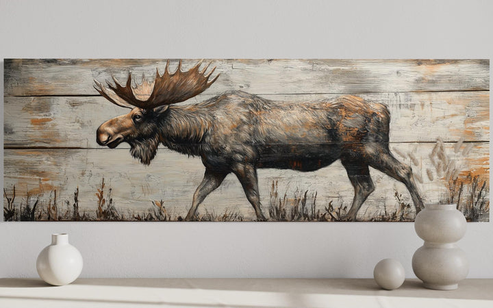 Walking Moose On Wood Painting Long Horizontal Canvas Wall Art