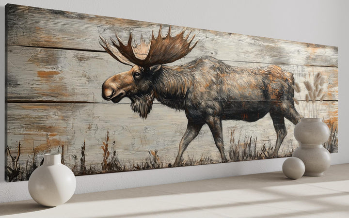 Walking Moose On Wood Painting Long Horizontal Canvas Wall Art