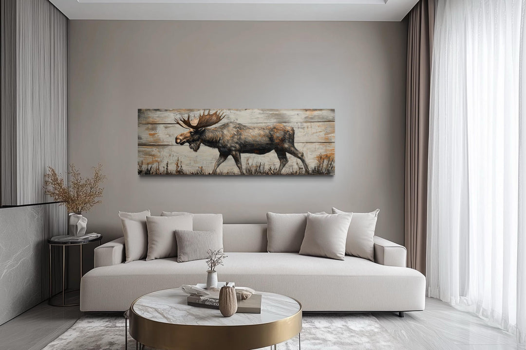 Walking Moose On Wood Painting Long Horizontal Canvas Wall Art