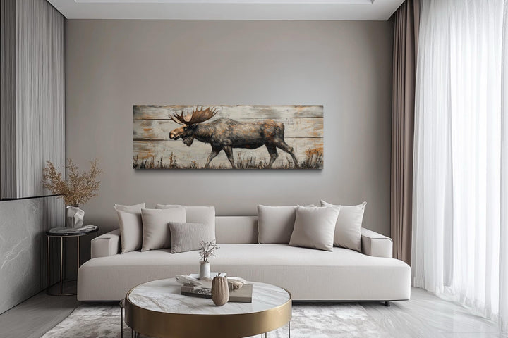 Walking Moose On Wood Painting Long Horizontal Canvas Wall Art