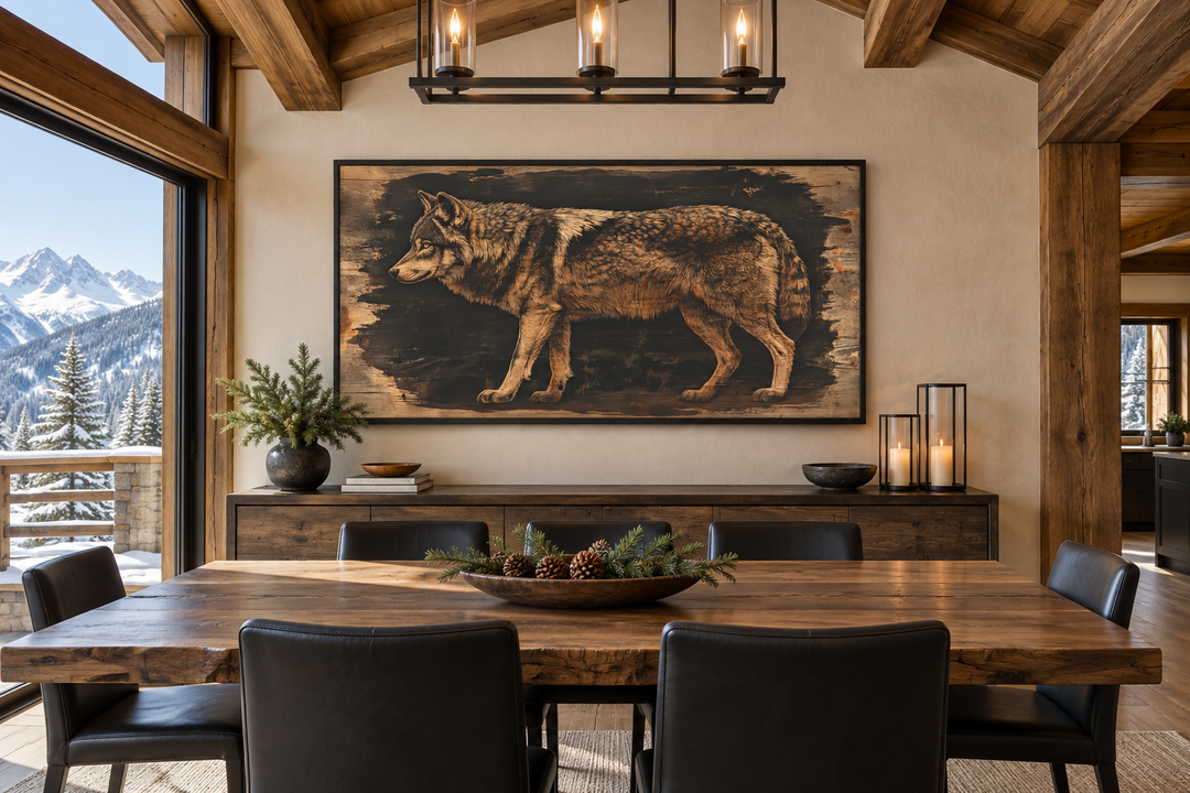 Wolf painted on dark wood framed canvas wall art hanging in a rustic cabin dining room.