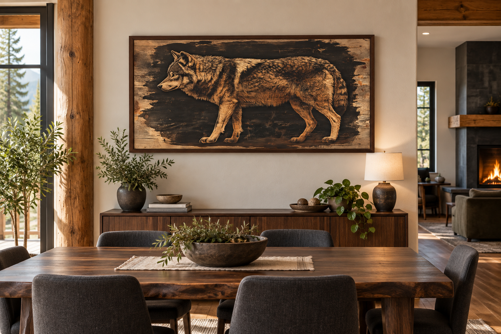 Wolf painted on dark wood framed canvas wall art hanging above a sideboard in a rustic dining room.