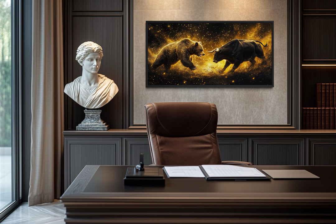 A framed canvas of a bull and bear fighting in gold and black hangs in a modern executive office.