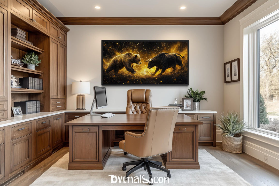 A framed canvas of a bull and bear fighting in gold and black hangs in a professional wood office.