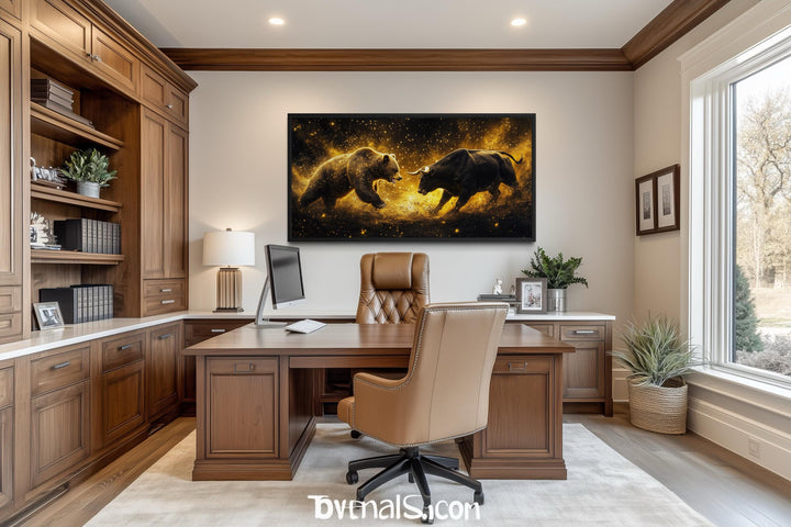 A framed canvas of a bull and bear fighting in gold and black hangs in a professional wood office.