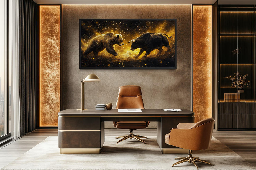 A framed canvas of a bull and bear fighting in gold and black hangs in a modern executive office.