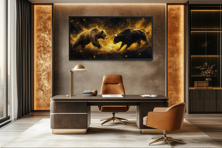 A framed canvas of a bull and bear fighting in gold and black hangs in a modern executive office.