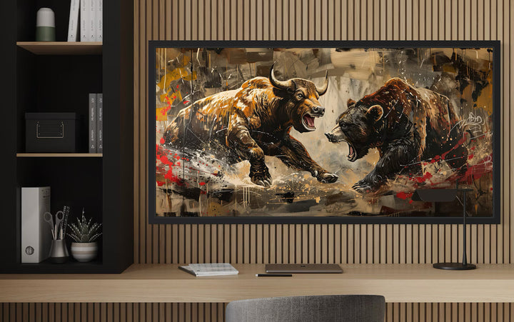 Wall Street Bull Fighting Bear Graffiti Painting Extra Large Canvas Wall Art