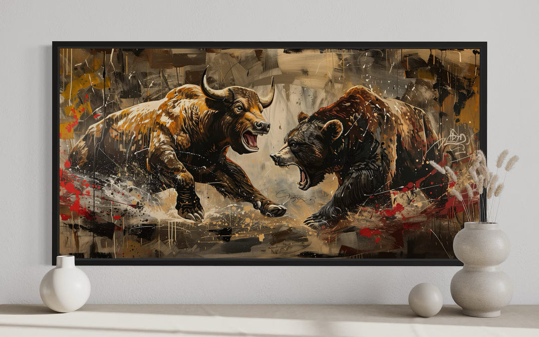 Wall Street Bull Fighting Bear Graffiti Painting Extra Large Canvas Wall Art