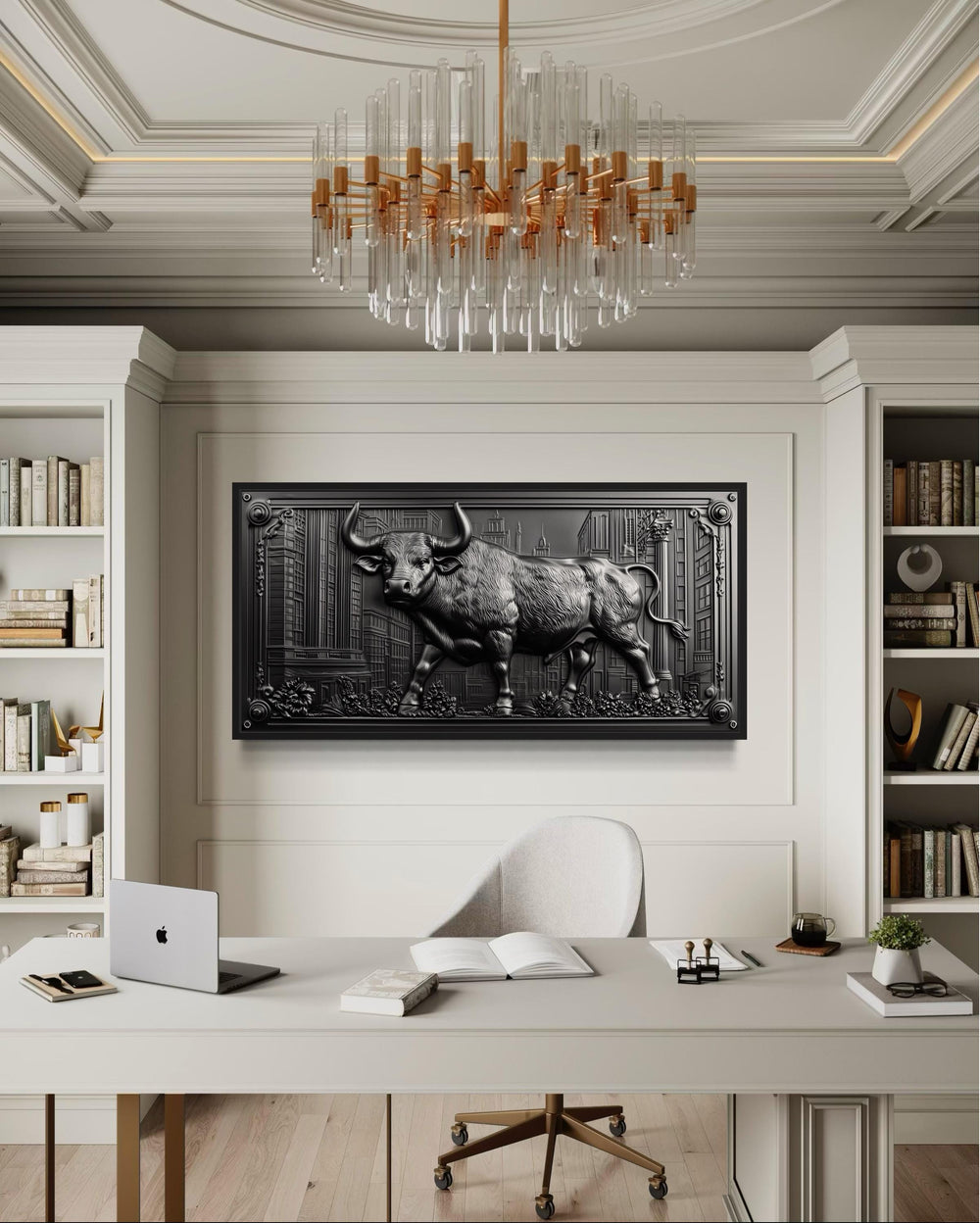 3D-style black charging bull wall art in a modern office above a desk with a laptop and books.