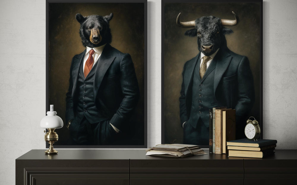 Wall Street canvas print set featuring a bull and a bear in formal suits for executive office decor.