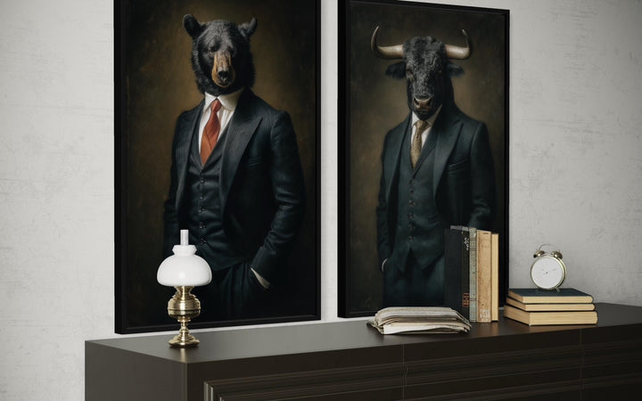 Wall Street canvas print set featuring a bull and a bear in executive suits on a dark background.