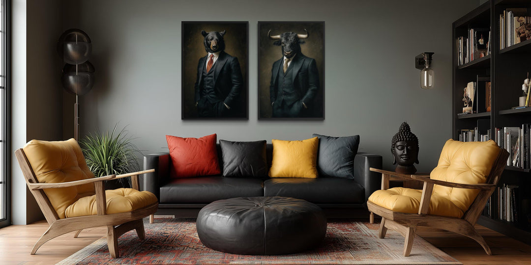 Wall Street canvas print set featuring a bull and a bear in suits for executive office decor.