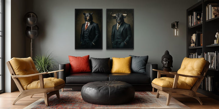 Wall Street canvas print set featuring a bull and a bear in suits for executive office decor.