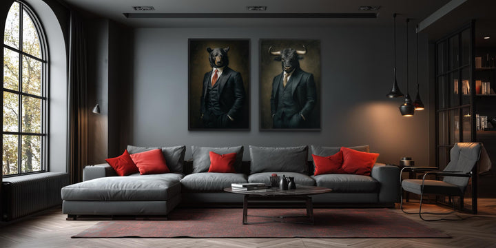 Wall Street canvas print set featuring a bull and a bear in suits above a modern gray sofa.