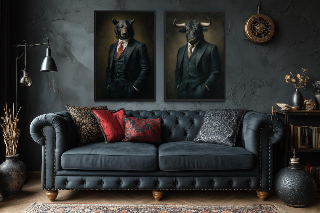 Wall Street canvas print set featuring a bull and a bear in suits above a dark tufted sofa.
