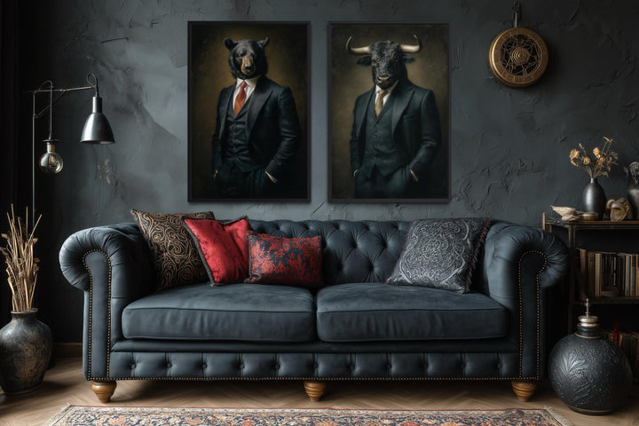 Wall Street canvas print set featuring a bull and a bear in suits above a dark tufted sofa.