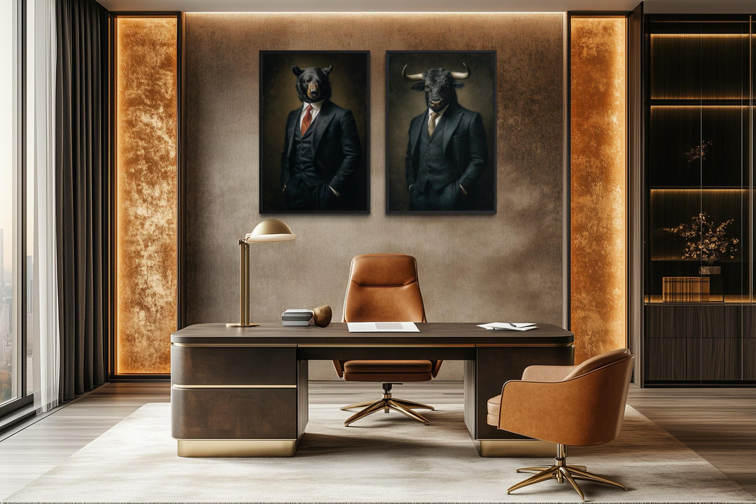 Wall Street canvas print set featuring a bull and a bear in suits for executive office decor.