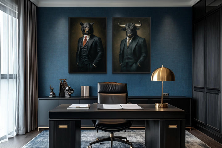 Wall Street canvas print set featuring a bull and a bear in suits above an executive office desk.
