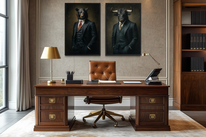 Wall Street canvas print set featuring a bull and bear in suits above a classic executive desk.
