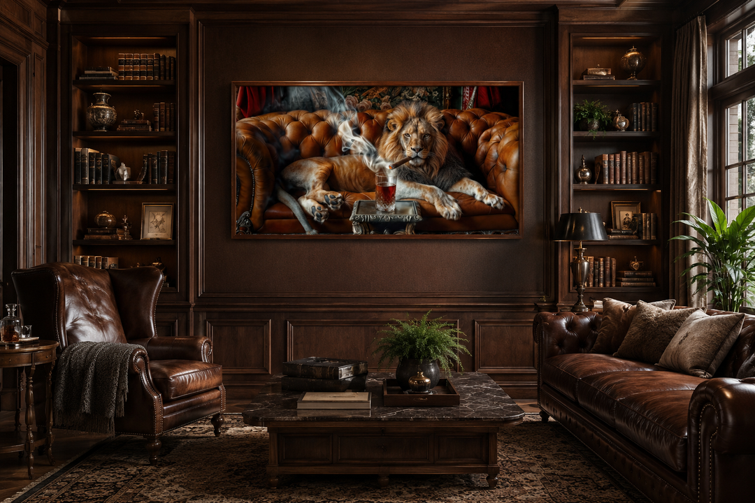 Framed canvas print of a lion on a leather couch smoking a cigar in a wood-paneled study.