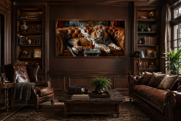Framed canvas print of a lion on a leather couch smoking a cigar in a wood-paneled study.