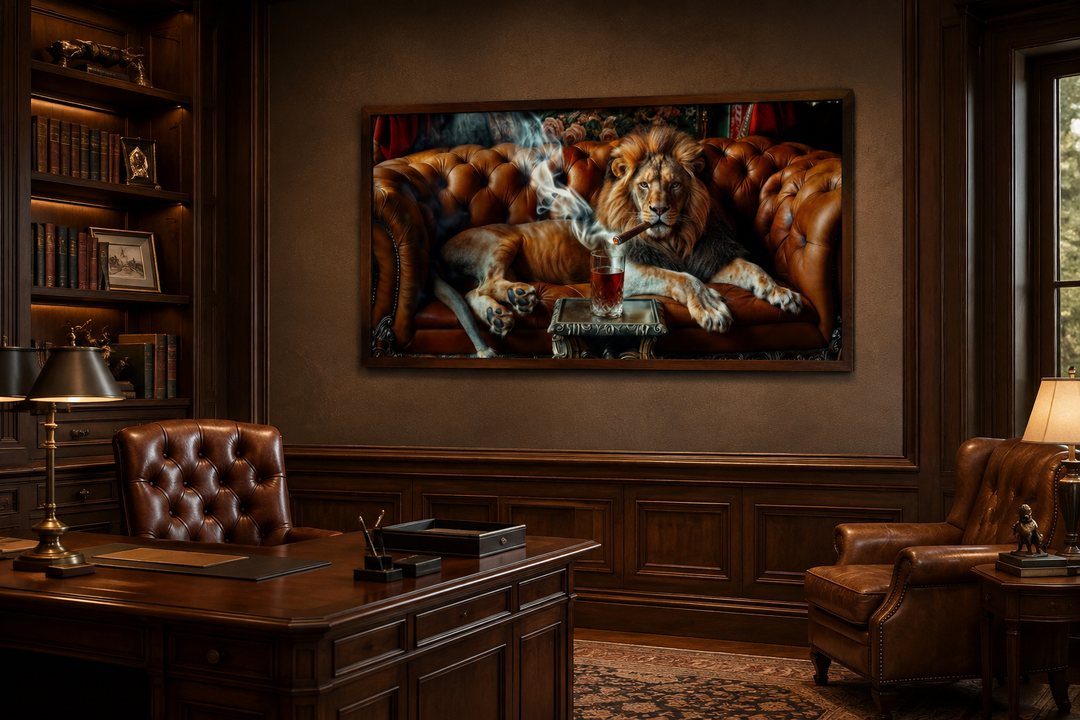 Framed canvas print of a lion smoking a cigar and drinking whiskey on a couch in a classic office.