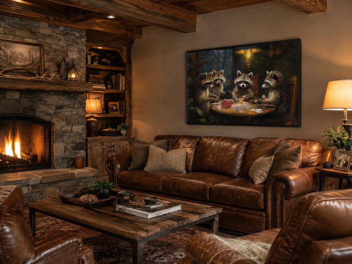 Framed canvas wall art of raccoons playing poker in a rustic living room above a leather sofa.