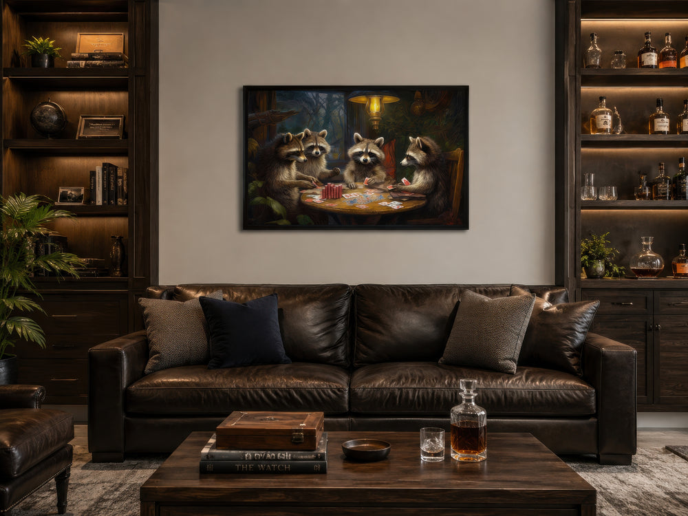 Framed canvas wall art of raccoons playing poker hanging above a leather sofa in a man cave.
