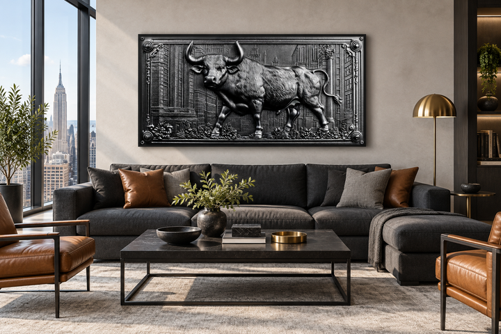 Framed 3D-style black Wall Street bull wall art above a dark sofa in a modern office with city views.