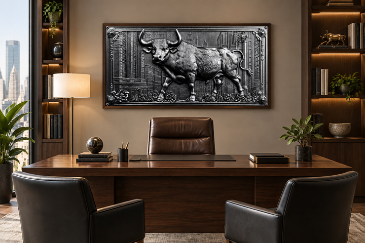 Framed Wall Street Charging Bull canvas art in a modern office with a leather chair and desk.