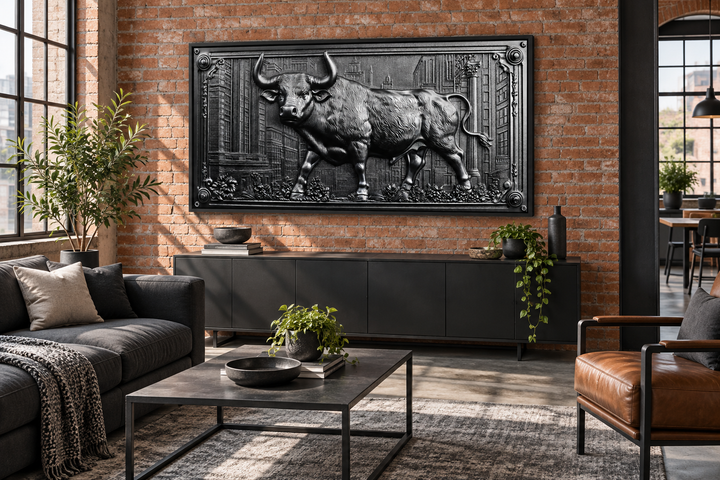 Framed 3D-style Wall Street Charging Bull wall art in a modern industrial office setting.