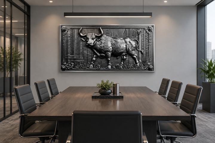 Monochromatic Wall Street bull wall art in a modern boardroom above a dark wood conference table.