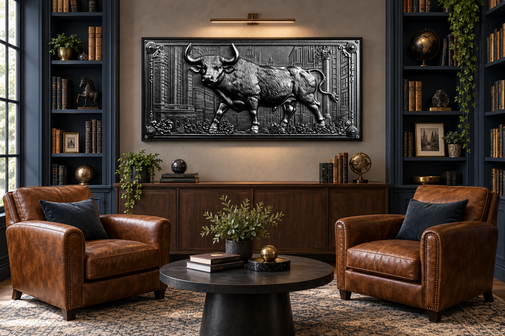 Framed Wall Street Charging Bull 3D relief wall art in a dark, sophisticated office setting.