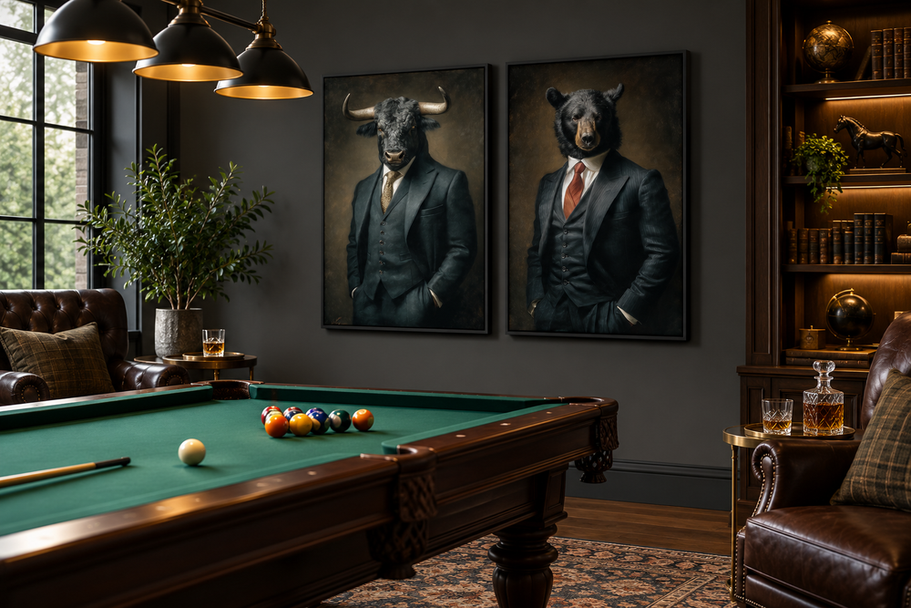 Bull and bear art set in suits on a dark wall in a room with a pool table and leather chairs.