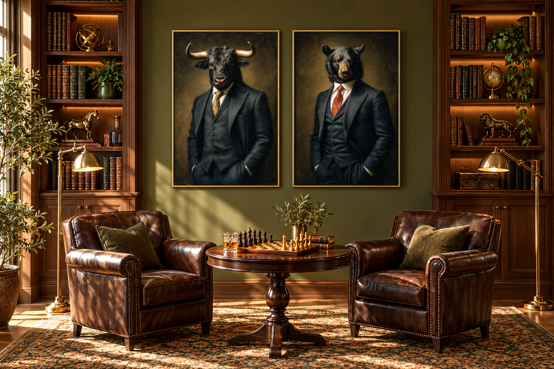Bull and bear art set in an executive office with leather chairs and a chess table.