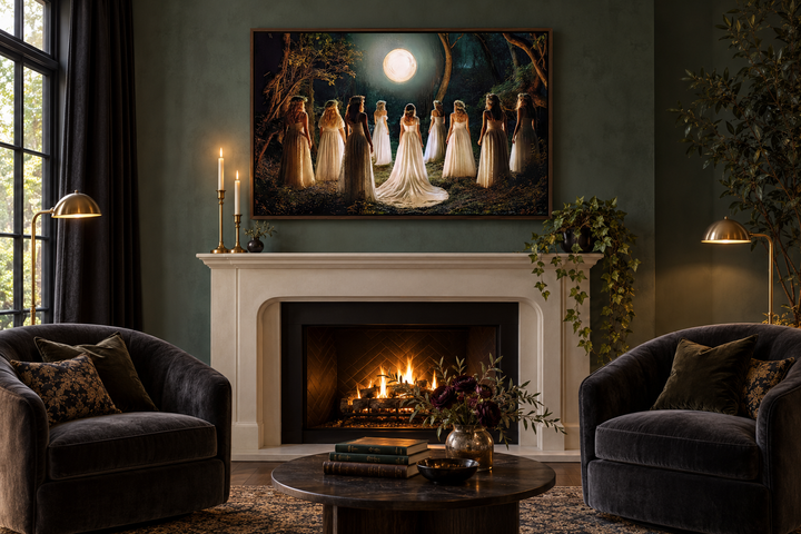 Witches dancing in a circle in a magical forest under a full moon wall art above a fireplace.
