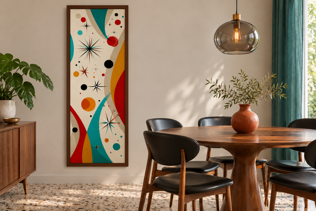 Vertical mid-century modern canvas wall art with retro geometric shapes and atomic starbursts.