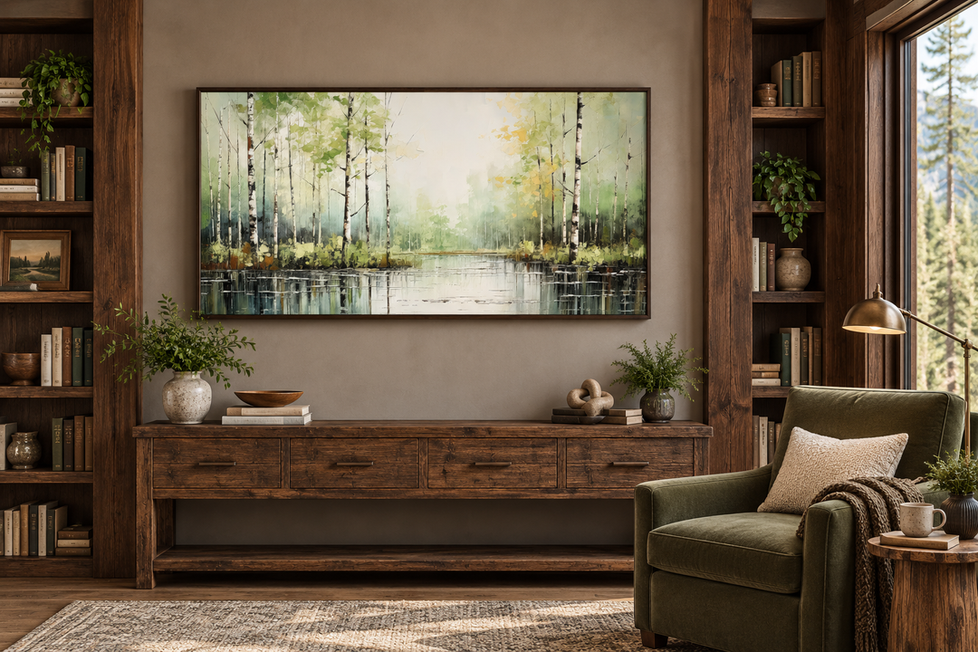 Rustic framed canvas painting of a birch tree forest over a tranquil lake in a cozy living room.