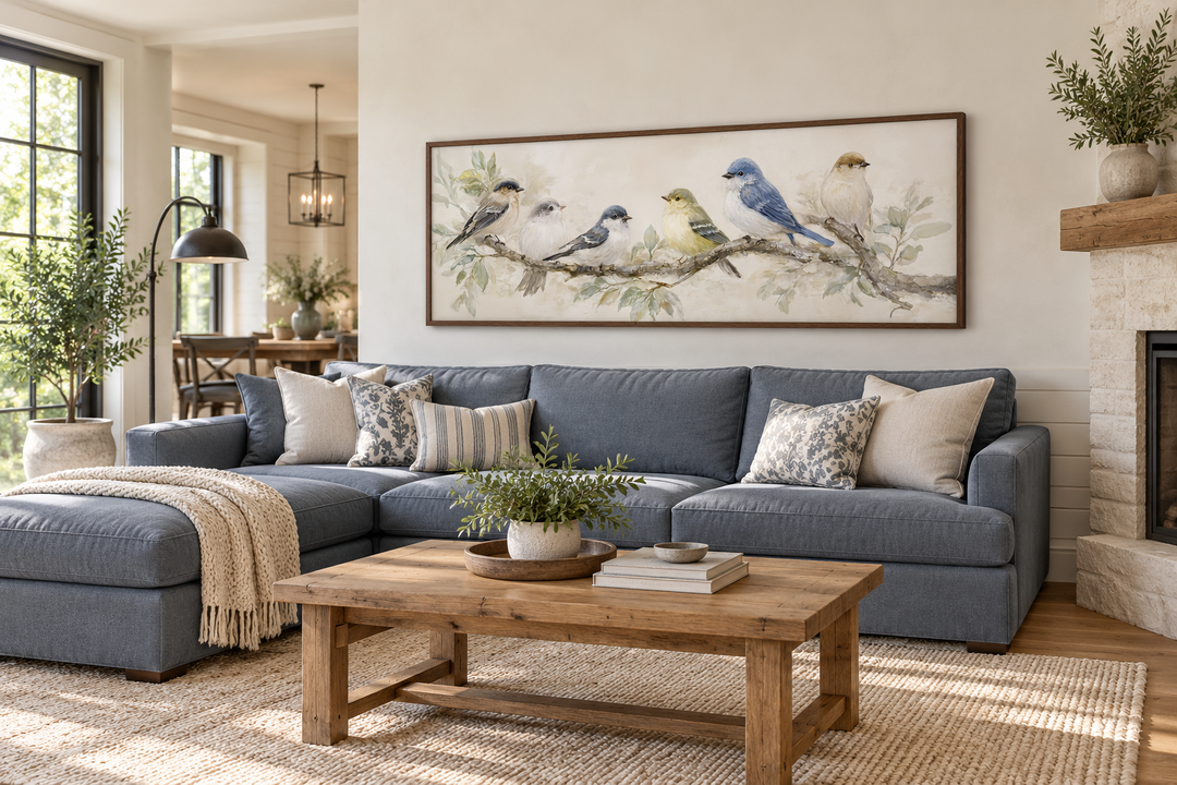 Oiseaux sur une branche - Tableau panoramique horizontal sur toile, tons neutres, nature