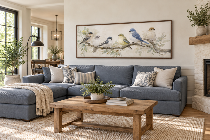 Oiseaux sur une branche - Tableau panoramique horizontal sur toile, tons neutres, nature
