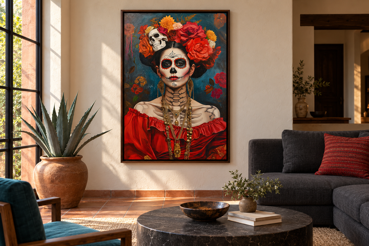 Framed canvas wall art of a Day of the Dead woman in a red dress, hanging in a modern living room.
